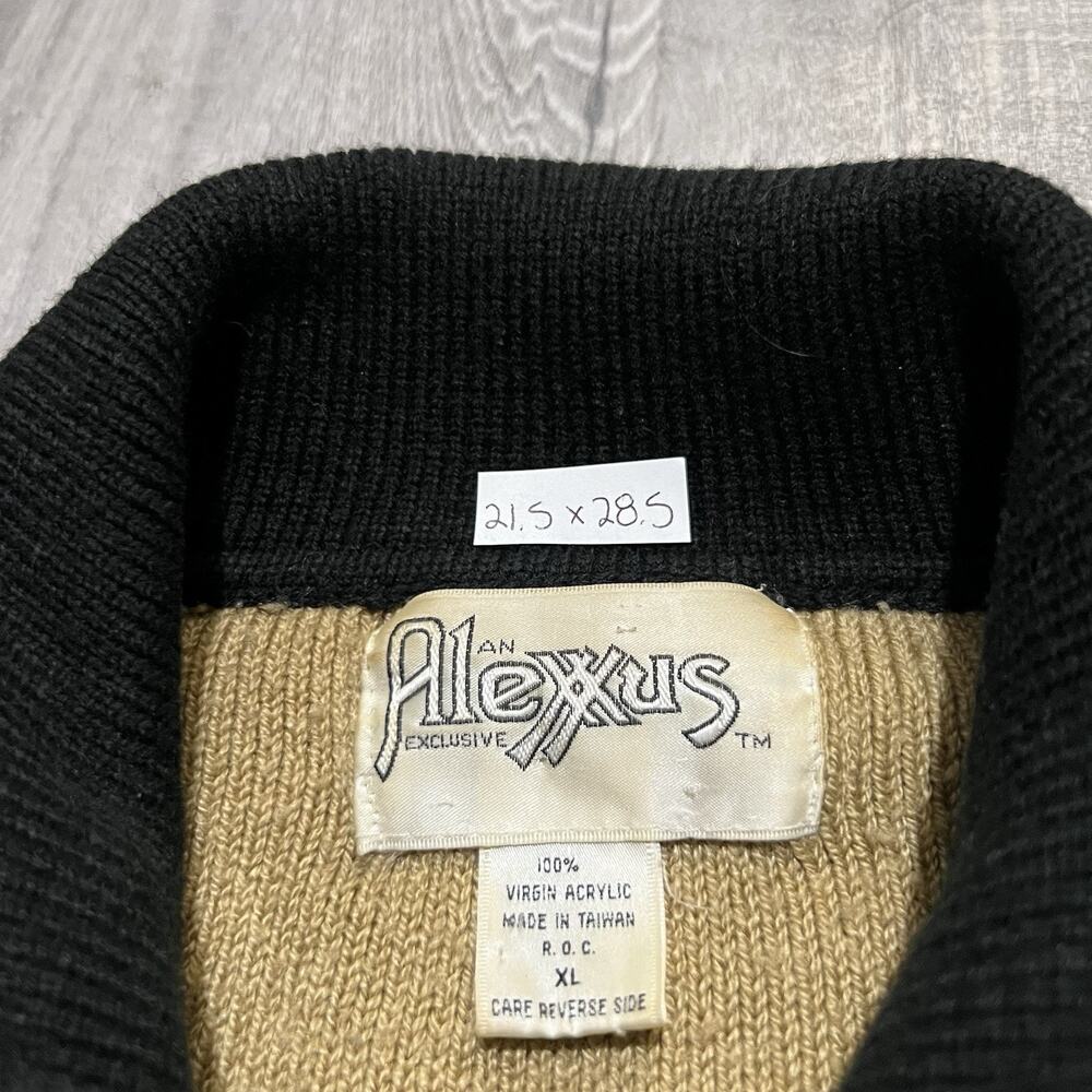 VTG Alexxus 80s Two Tone Black/Tan Virgin Acrylic Knit Pull Over Pocket Sweater - Picture 5 of 5